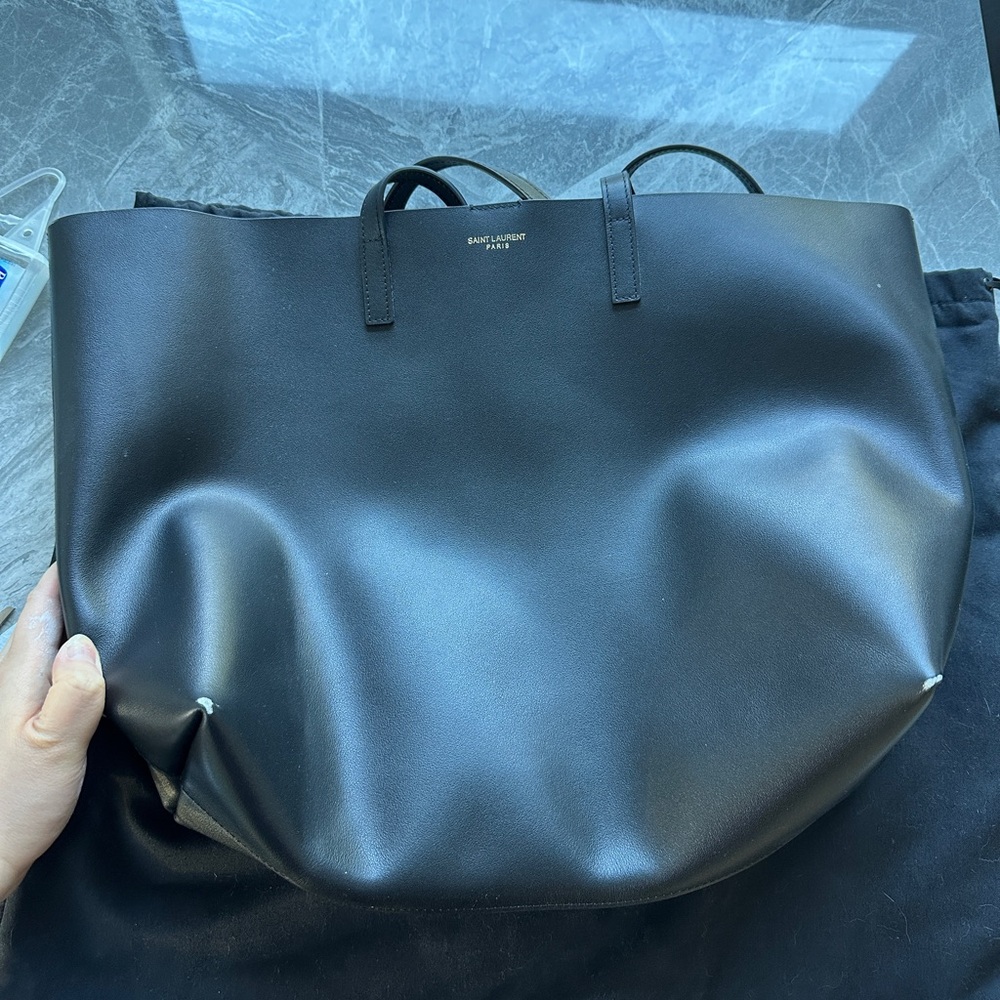 Black leather tote bag